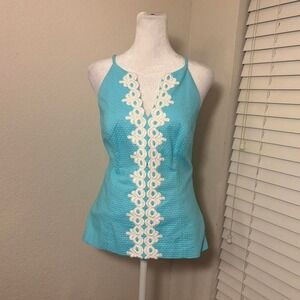 Lily Pulitzer size 8 teal white magnolia breakwater blue cotton halter tank